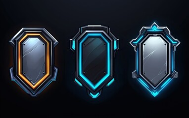Poster - Three distinct shield designs featuring glowing edges, suitable for gaming or fantasy applications, displayed on a dark background