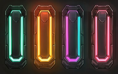 Poster - Colorful neon light panels displayed on a dark wall, showcasing different vibrant hues in a modern design