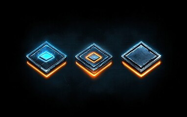 Poster - Glowing geometric shapes in neon blue and orange on a dark background showcasing a digital design aesthetic