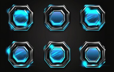 Poster - Collection of six futuristic hexagonal buttons with blue accents displayed against a dark background
