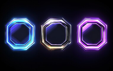 Poster - Three glowing octagonal frames in vibrant colors against a dark background, showcasing modern design elements and digital aesthetics