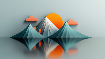 Basic 3D illustration of a mountain lake with a reflection of peaks