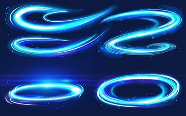 Poster - Dynamic glowing blue trails and swirls on a dark background, showcasing abstract light effects and motion concepts