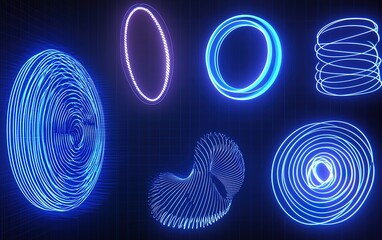 Poster - Illuminated abstract light patterns in blue showcasing various geometric shapes and designs against a dark backdrop