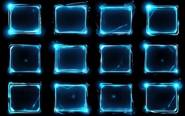 Poster - A grid of glowing blue squares illuminated against a black background showcasing a futuristic digital design concept at night