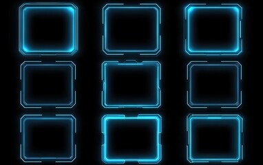 Futuristic digital interface with glowing blue frames arranged in a grid against a dark background for design elements