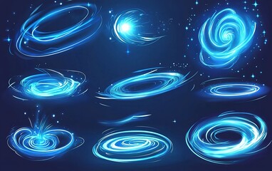 Poster - Glowing abstract spirals and cosmic shapes in vibrant blue against a dark background, showcasing dynamic movement and energy