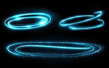 Poster - Bright blue glowing swirls and rings on a black background, showcasing dynamic light trails in a futuristic design concept