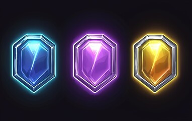 Poster - Colorful glowing gems in blue, purple, and gold displayed against a dark background showcasing their intricate design and vibrant colors