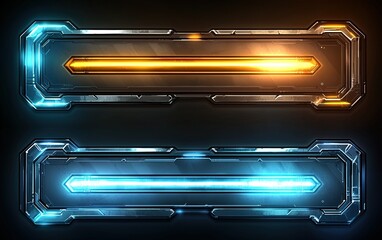 Fototapete - Futuristic metallic interface bars glowing in orange and blue against a dark background for digital design or gaming projects