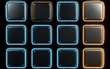 Poster - Neon illuminated buttons arranged in a grid pattern, showcasing vibrant blue and orange colors against a dark background