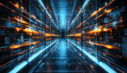 Poster - futuristic server room, perspective view with blue and orange light trails 3d. illustration