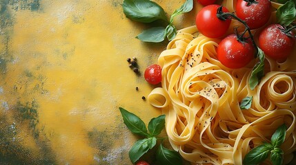 Wall Mural - Close-up of Italian pasta with basil and tomatoes on a yellow background.