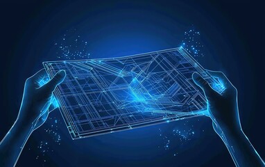 Poster - Hands holding a glowing holographic blueprint displaying a detailed urban layout against a dark blue background