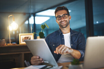 Poster - Office, night and portrait of businessman on tablet for research project, online website and internet. Professional, company and person on digital tech working late for planning, networking or report