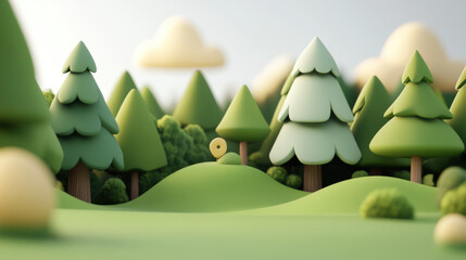 Basic 3D illustration of a quiet forest with towering pine trees