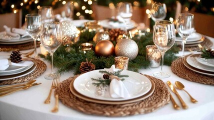 The dining room features a beautifully arranged holiday table with gold ornaments, candles, and a lush centerpiece, creating a warm and inviting atmosphere