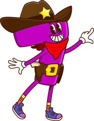 Fototapete - Cartoon groovy math number seven cowboy and sheriff character. Isolated vector digit 7 personage wearing ten-gallon hat, guns and star badge, solves equations, maintains order in mathematical frontier