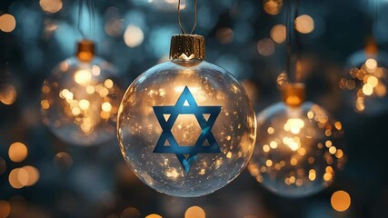 Wall Mural - Christmas ball with Star of David on blurred background. Hanukkah celebration concept. Jewish holiday and religious symbol. Judaism traditions