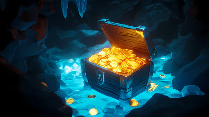 Canvas Print - A glowing treasure chest filled with gold coins rests in dark cave, illuminated by soft blue light, creating mysterious and enchanting atmosphere. Hidden Treasure Cave. Illustration