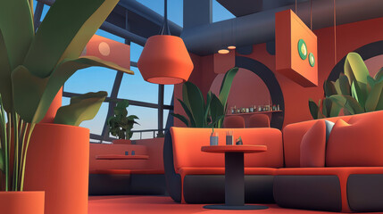 Wall Mural - Basic 3D illustration of a cozy cafe with plants and seating