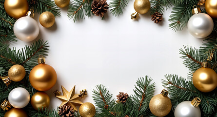 Gold and white Christmas ornaments with pine branches arranged in a frame around a white background, festive holiday decor