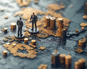 Two business figures stand on a stylized map with gold coins and a digital network backdrop, symbolizing finance