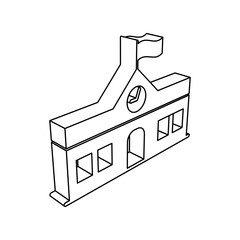 Poster - The outline of a large school building symbol is made with black lines. 3D view of the object in perspective. Vector illustration on white background