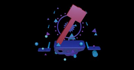 Poster - Red mallet symbol on a pedestal of abstract geometric shapes floating in the air. Abstract concept art with flying shapes in the center. 3d illustration on black background