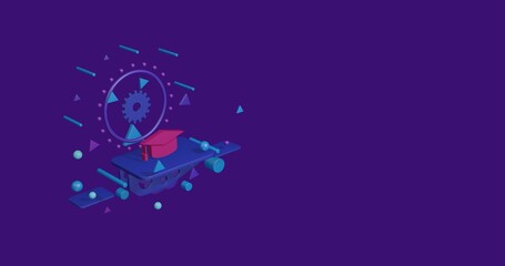 Poster - Pink square academic cap symbol on a pedestal of abstract geometric shapes floating in the air. Abstract concept art with flying shapes on the left. 3d illustration on deep purple background