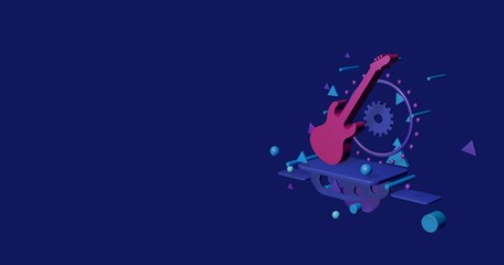 Poster - Pink guitar symbol on a pedestal of abstract geometric shapes floating in the air. Abstract concept art with flying shapes on the right. 3d illustration on indigo background