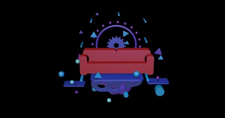Poster - Red sofa symbol on a pedestal of abstract geometric shapes floating in the air. Abstract concept art with flying shapes in the center. 3d illustration on black background