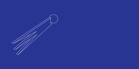 Poster - The outline of a large comet symbol made of white lines on the left. 3D view of the object in perspective. Vector illustration on indigo background