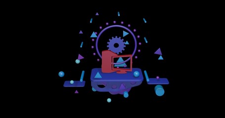 Poster - Red desktop symbol on a pedestal of abstract geometric shapes floating in the air. Abstract concept art with flying shapes in the center. 3d illustration on black background