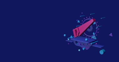Poster - Pink hand saw symbol on a pedestal of abstract geometric shapes floating in the air. Abstract concept art with flying shapes on the right. 3d illustration on indigo background