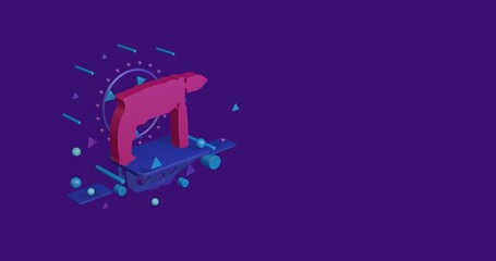 Poster - Pink drill symbol on a pedestal of abstract geometric shapes floating in the air. Abstract concept art with flying shapes on the left. 3d illustration on deep purple background