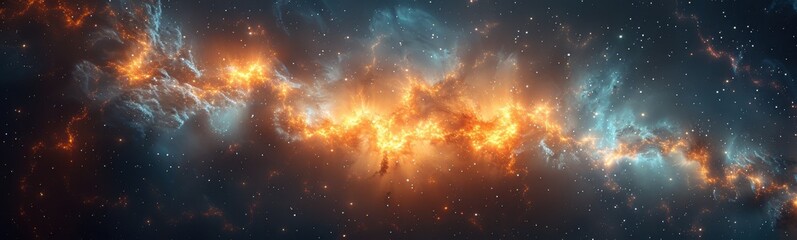 Wall Mural - Starry sky with orange and blue stars and a bright orange nebula, banner, copy space