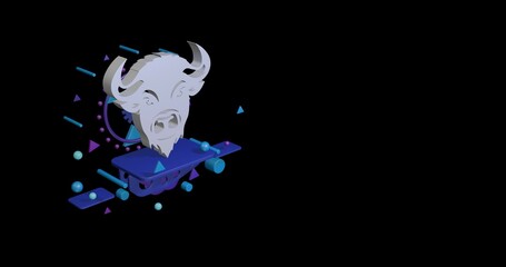 Poster - White buffalo logo on a pedestal of abstract geometric shapes floating in the air. Abstract concept art with flying shapes on the left. 3d illustration on black background