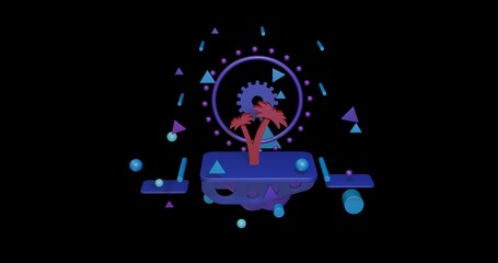 Poster - Red palm trees symbol on a pedestal of abstract geometric shapes floating in the air. Abstract concept art with flying shapes in the center. 3d illustration on black background