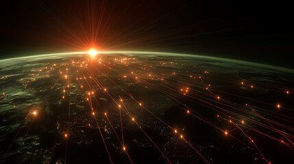 Poster - Dynamic visualization of internet connections glowing brightly as the sun rises above the Earth’s horizon