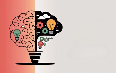 Illustration of a brain with lightbulbs representing ideas and gears for the process of thinking.