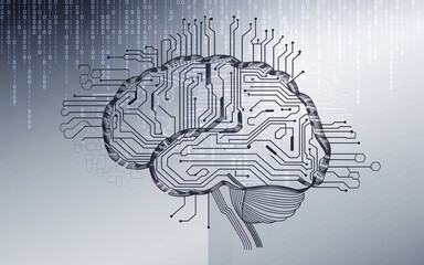 Human brain circuit board design with binary code background.