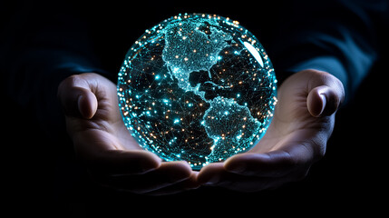 Poster - Two hands support a holographic Earth, highlighting its intricate design and the concept of global interconnectedness