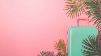 Poster - A vibrant travel suitcase stands alone next to lush green palm leaves on a soft pink backdrop, ideal for showcasing vacation essentials. Generative AI