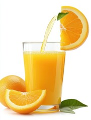 Poster - A refreshing glass of orange juice filled with bright, citrusy goodness, accompanied by fresh oranges and green leaves, perfect for brunch. Generative AI