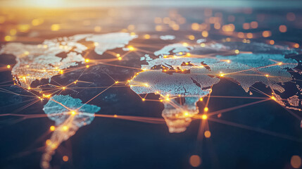 Poster - A digital map highlights interconnected AI network nodes linking continents at dusk