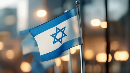 Wall Mural - Israeli flag with Star of David blurred background. Jewish Memory Day. Hanukkah, Passover, Shavuot, Yom Kippur holiday. Happy Independence Day of Israel. Patriotic concept