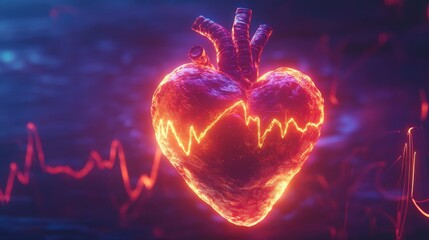 Poster - Glowing Heart with Pulse Waves in a Digital Realm