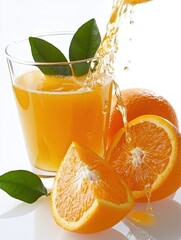 Poster - A glass filled with freshly squeezed orange juice is being poured, surrounded by vibrant orange slices and green leaves. Generative AI