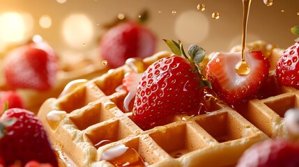 Wall Mural - Fresh strawberries and syrup drizzled on top of a waffle.